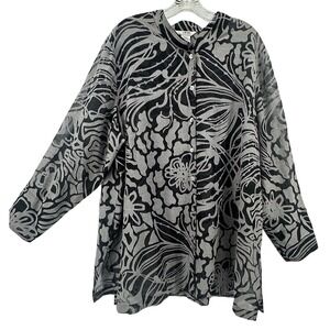 VTG Stonebridge Signature Grey Black Abstract Floral Burnout Sheer Blouse 2X‎
